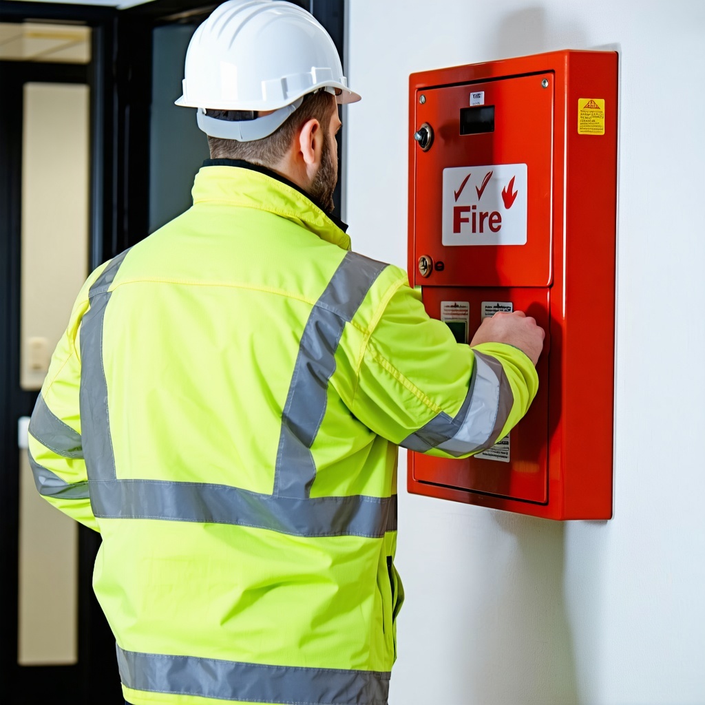 A man in a high vis jacket and white hard hat Stood in an office corridor He is checking a red box on the wall The box has the word fire on it