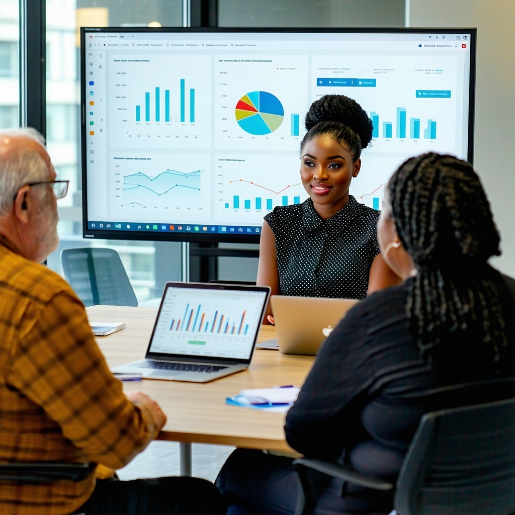 A small group of office workers one old man one young black woman one middleaged woman sat in having a meeting The young woman is sat presenting on a large TV screen She is looking at the other office workers Her laptop is plugged into the TV There i-1