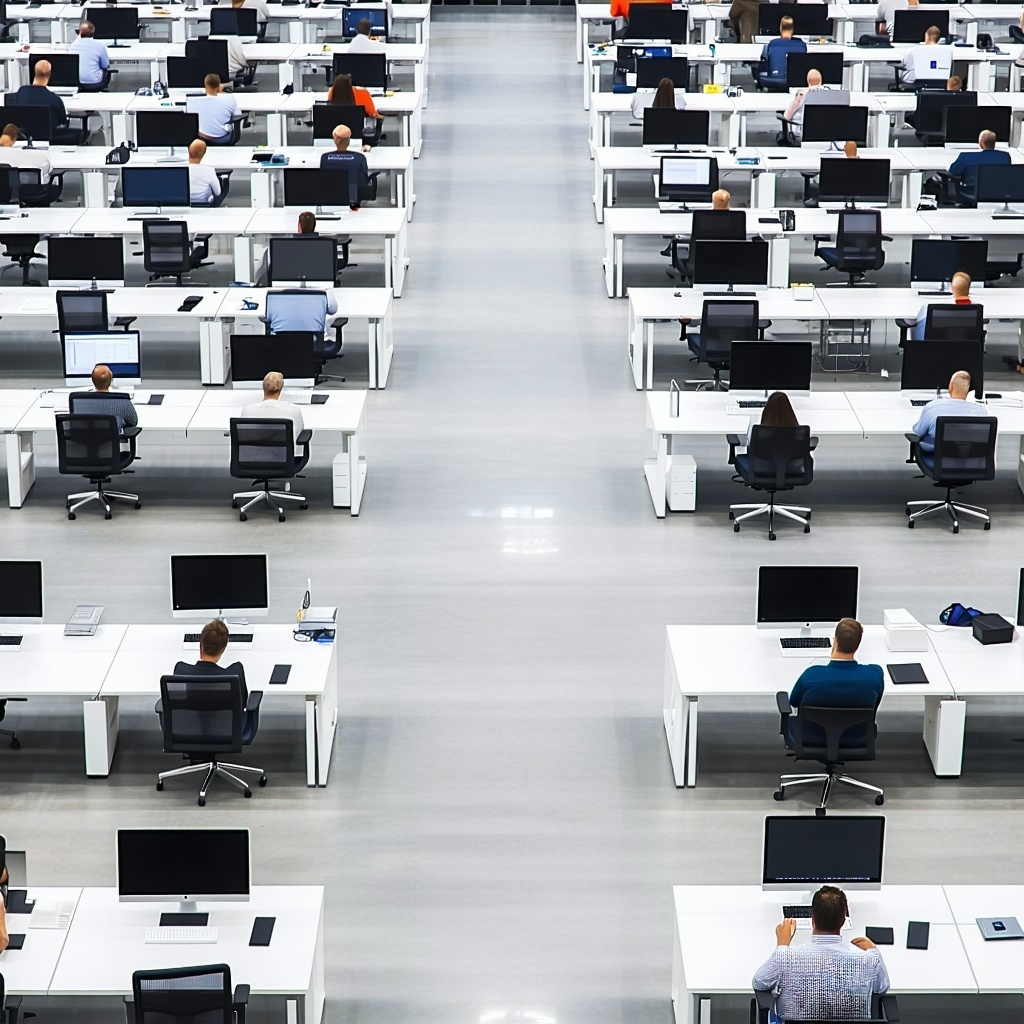 an overhead image of a large office space with lots of desks Half the office has people sat working on their computers the other side of the office has no one sat there just empty seats at desks