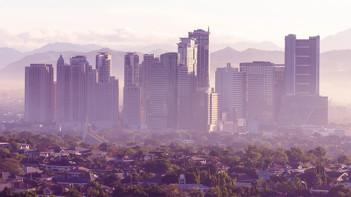 A city with houses & greenery in the foreground, with skyscrapers & a mountain in the background.