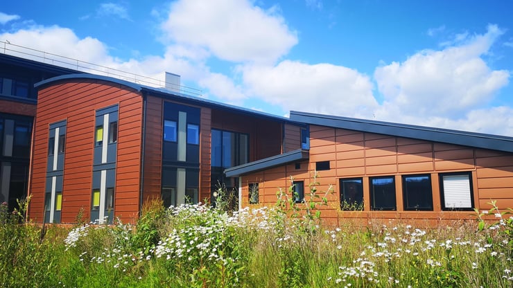 The outside of three buildings at Swansea University, with foliage in the foreground.