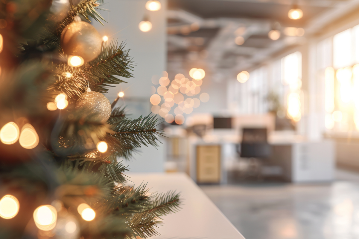 Warm white energy efficient Christmas tree lights in a corporate office space