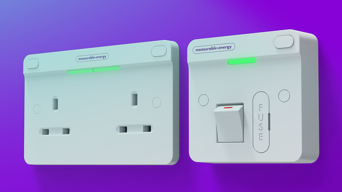 A 2 gang measurable.energy plug socket and a fused spur socket, both showing green LED lights.