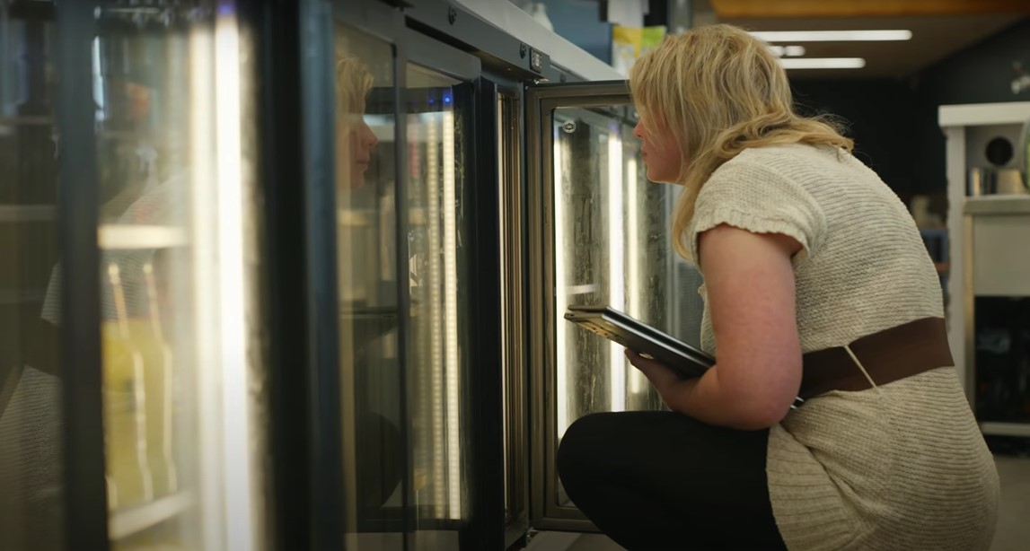 Sam Mudie, hospitality energy saving and sustainability senior consultant crouched down looking inside a bottle fridge.