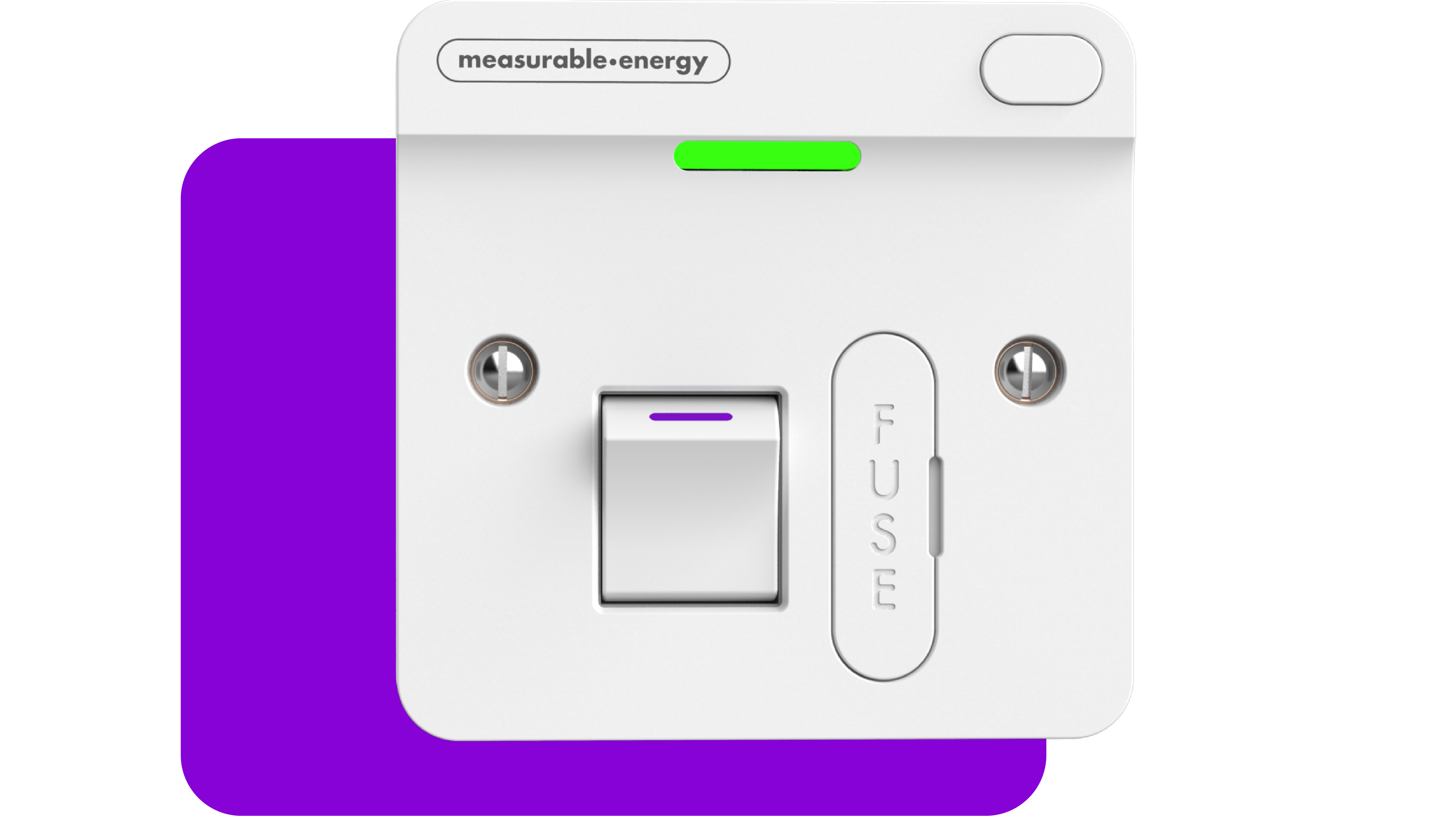 A measurable.energy fused spur showing a green LED light against a light purple background.