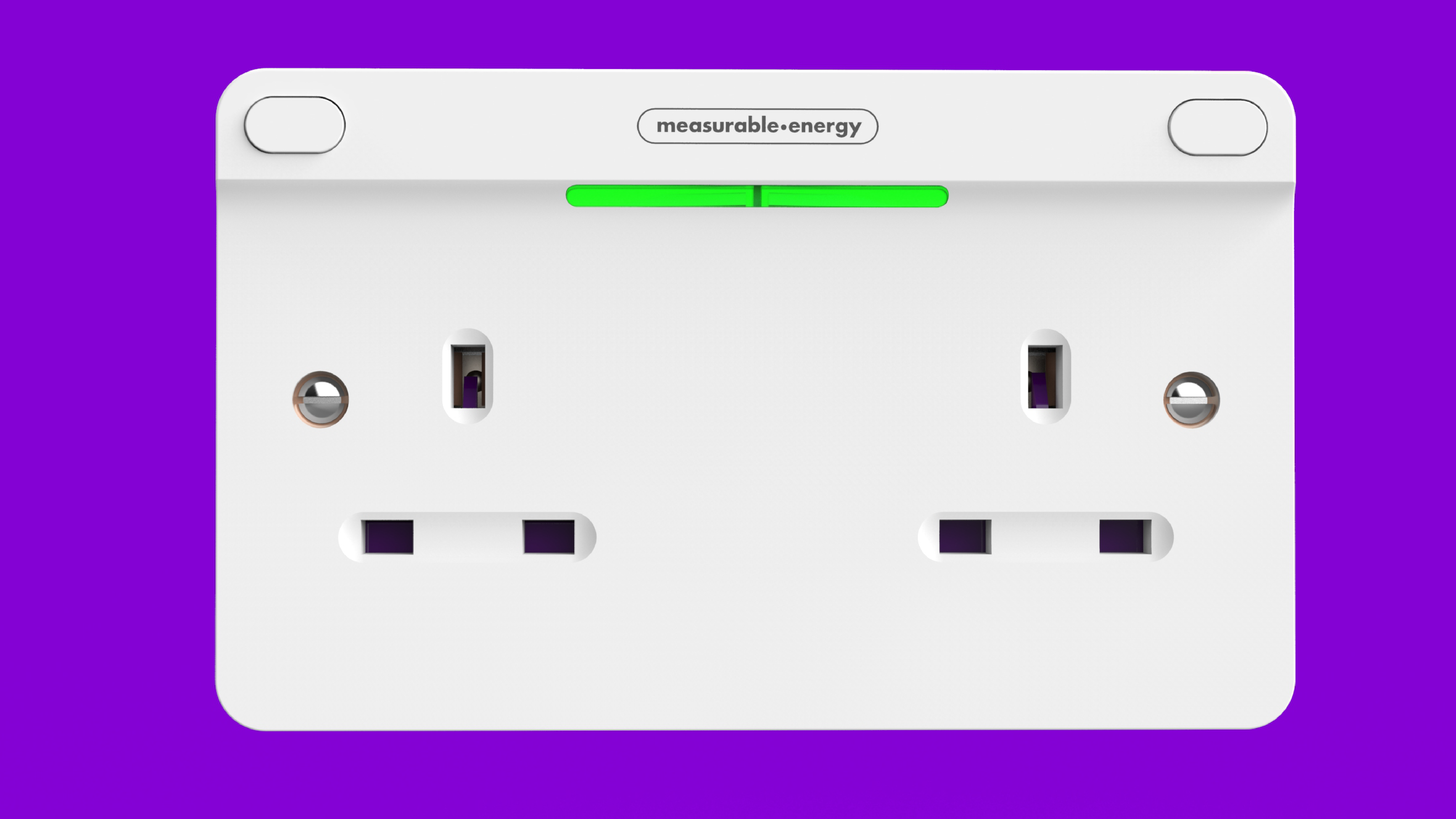 A 2 gang measurable.energy plug socket showing a green LED light.